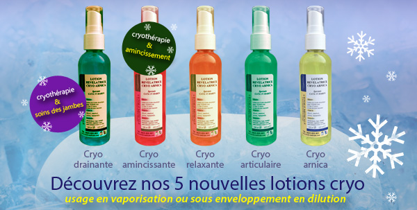 Découvrez nos 5 lotions rafraichissantes : Cryo amincissante, Cryo-arnica, Cryo-articulaire, Cryo-drainante, Cryo-relaxante.